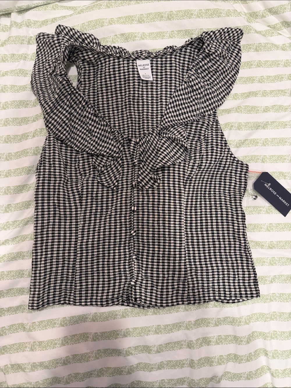 Melrose and Market Black & White Gingham Tie-Neck Ruffle Blouse